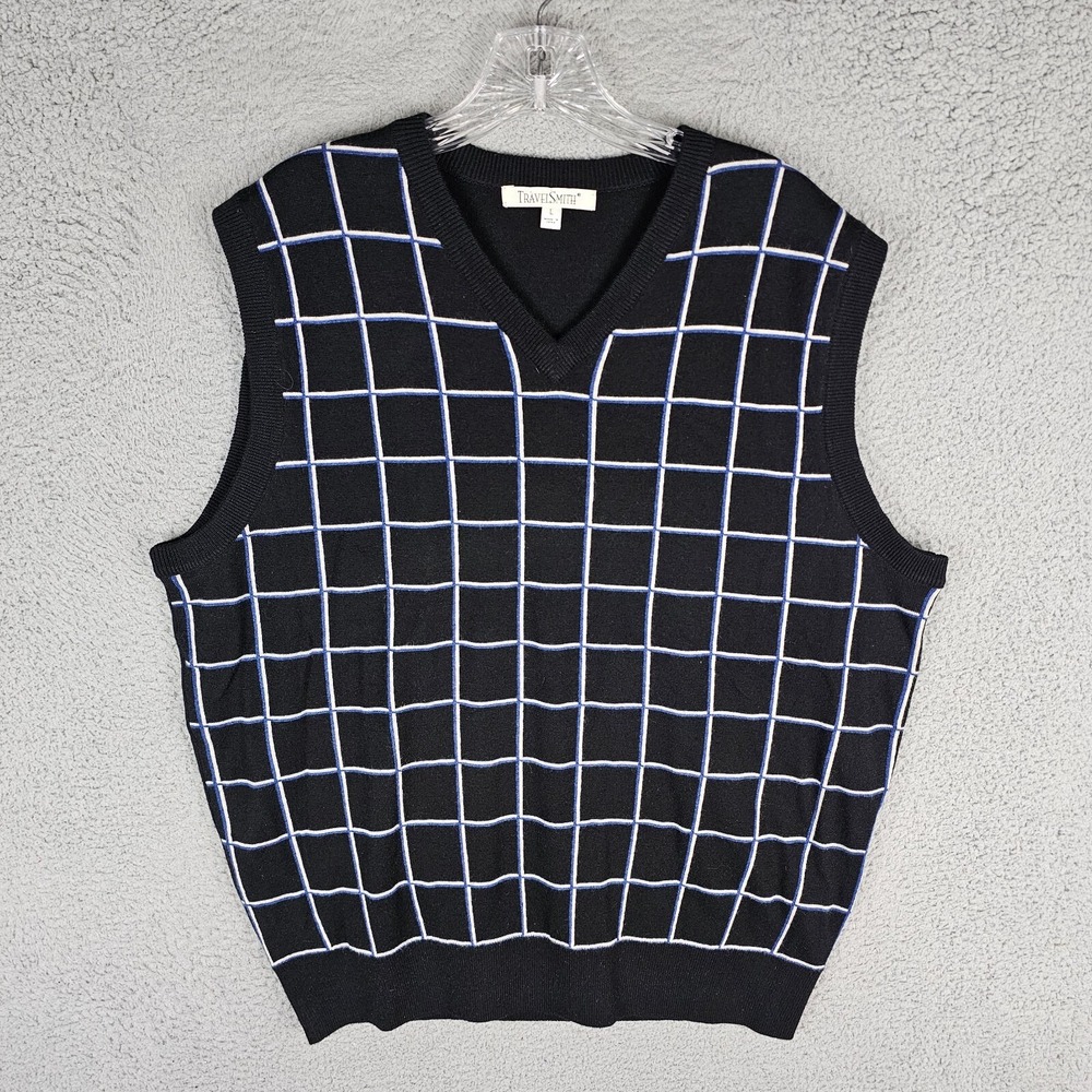 TravelSmith Vest Mens Large Black Sweater Merino Wool Knit V-Neck Pullover 73148